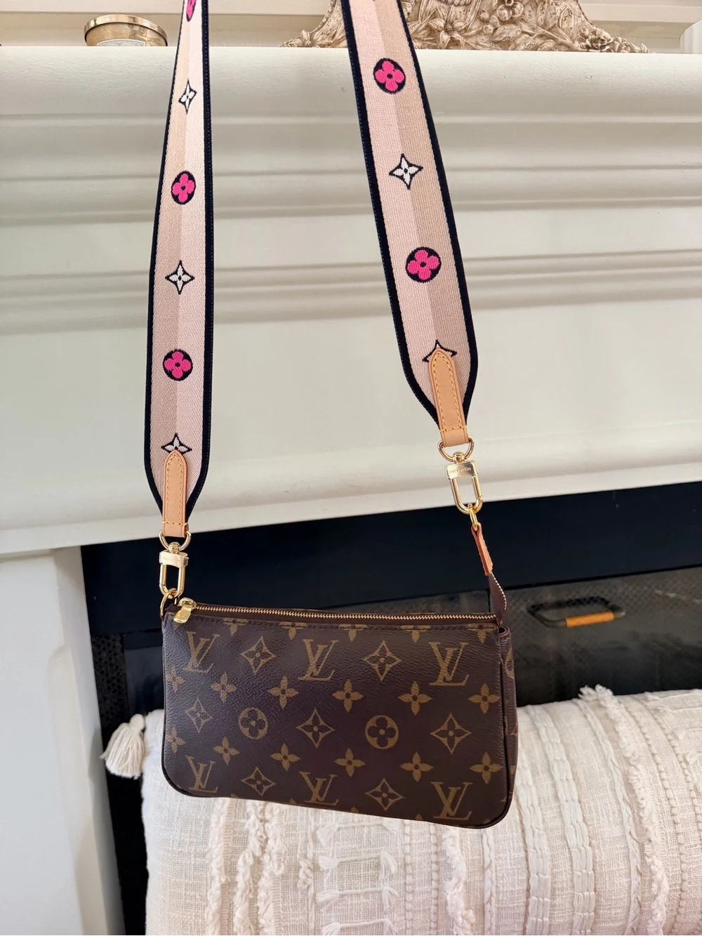 Louis Vuitton Brown Monogram Canvas Pochette Crossbody with Pink Accent Strap